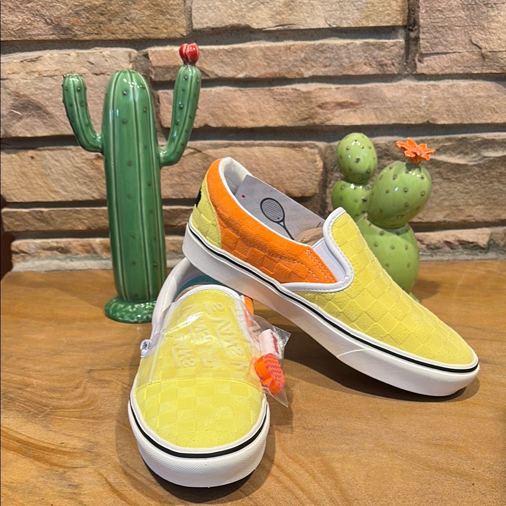 Vans Yellow and Orange Checkered Slip-On Sneakers